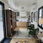 A garden cabin converted into a small living area.